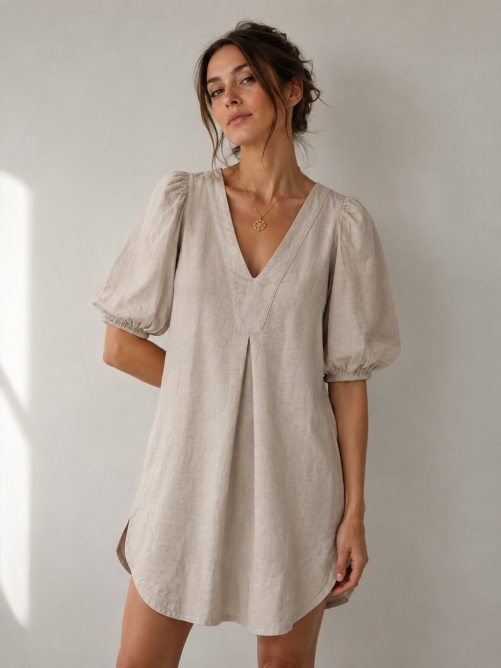 Cynthia Rowley Linen Puff Sleeve Mini Dress in Beige Natural - size XS